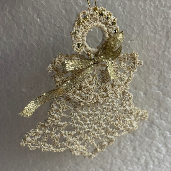 Vintage Crochet Ornaments Set of 2 Handmade Christmas Decor Bell Angel with Gold - Picture 2 of 8